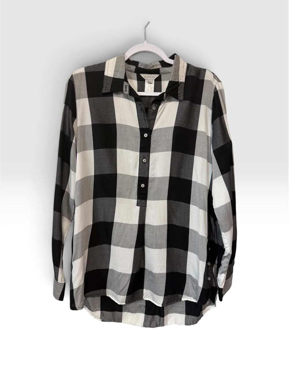 Multiples Black and White Plaid Business Casual Lyocell Button-Up Shirt XS